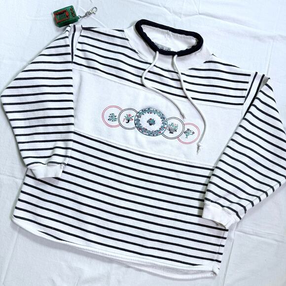 Vintage 90's Floral Embroidered Striped Sweatshirt - M - Picture 1 of 4